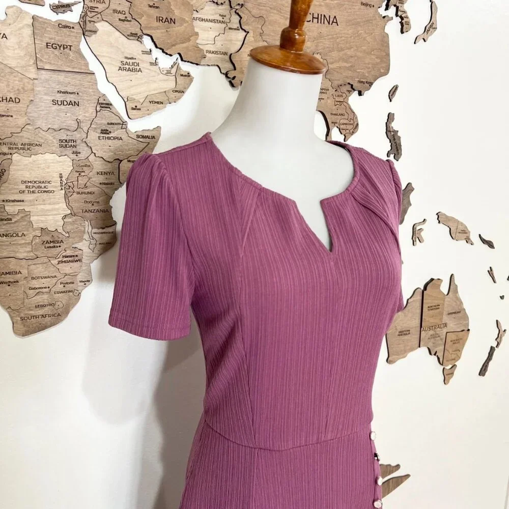 VFSHOW Women Pleated Notch Neck Purple Dress- Small - Picture 3 of 3